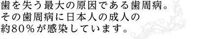 歯を失う最大の原因である歯周病。 その歯周病に日本人の成人の約80%が感染しています。
